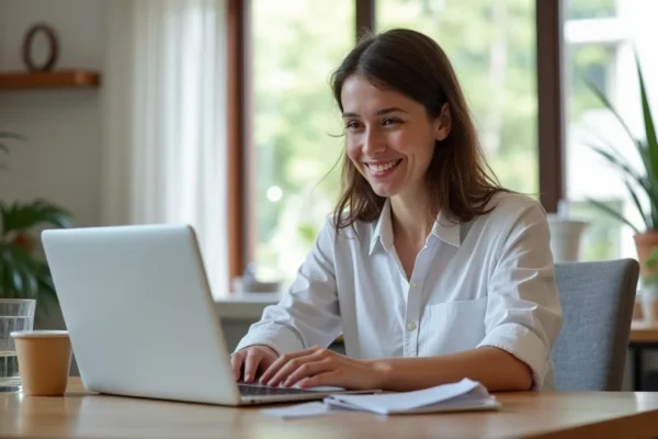 The image shows a person happily working on a laptop at home, suggesting ways to make money online for free.