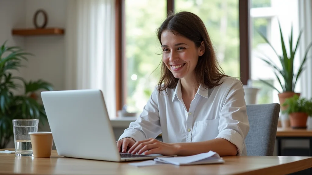 The image shows a person happily working on a laptop at home, suggesting ways to make money online for free.