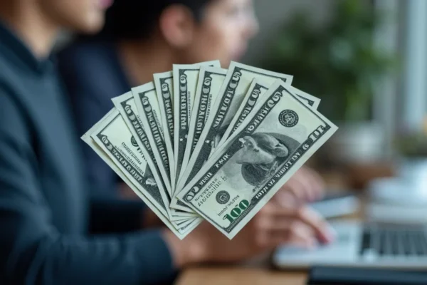 The image shows a person happily counting cash from a laptop, representing making money online the same day.