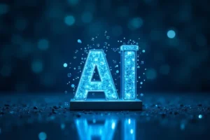 The image shows a person working on a laptop, illustrating opportunities to make money online today with AI.