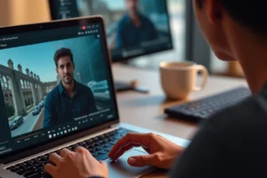 The image shows a person comfortably watching a video on a laptop while earning money online.