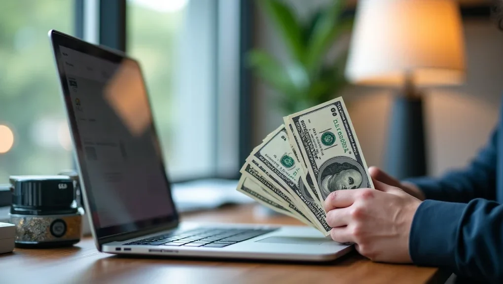 The image shows a person using a laptop to find quick ways to make money online today.