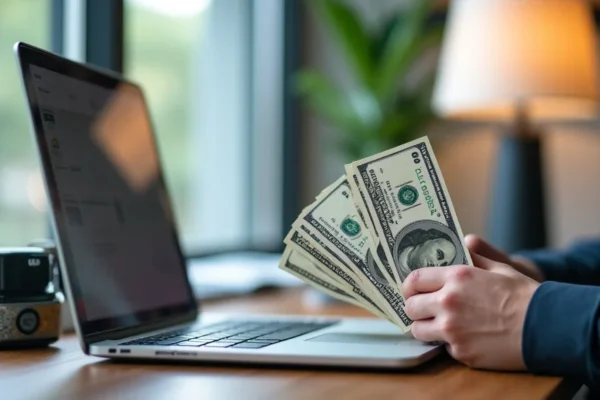 The image shows a person using a laptop to find quick ways to make money online today.