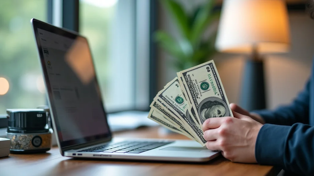 The image shows a person using a laptop to find quick ways to make money online today.