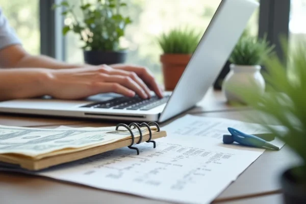 The image shows a person comfortably working on a laptop at home, illustrating simple ways to make money online.